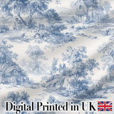 Vintage Toile Countryside Scenic Pattern Blue and White Seamless Digital Print Fabric by the Metre UK Sewing Quilting Textile