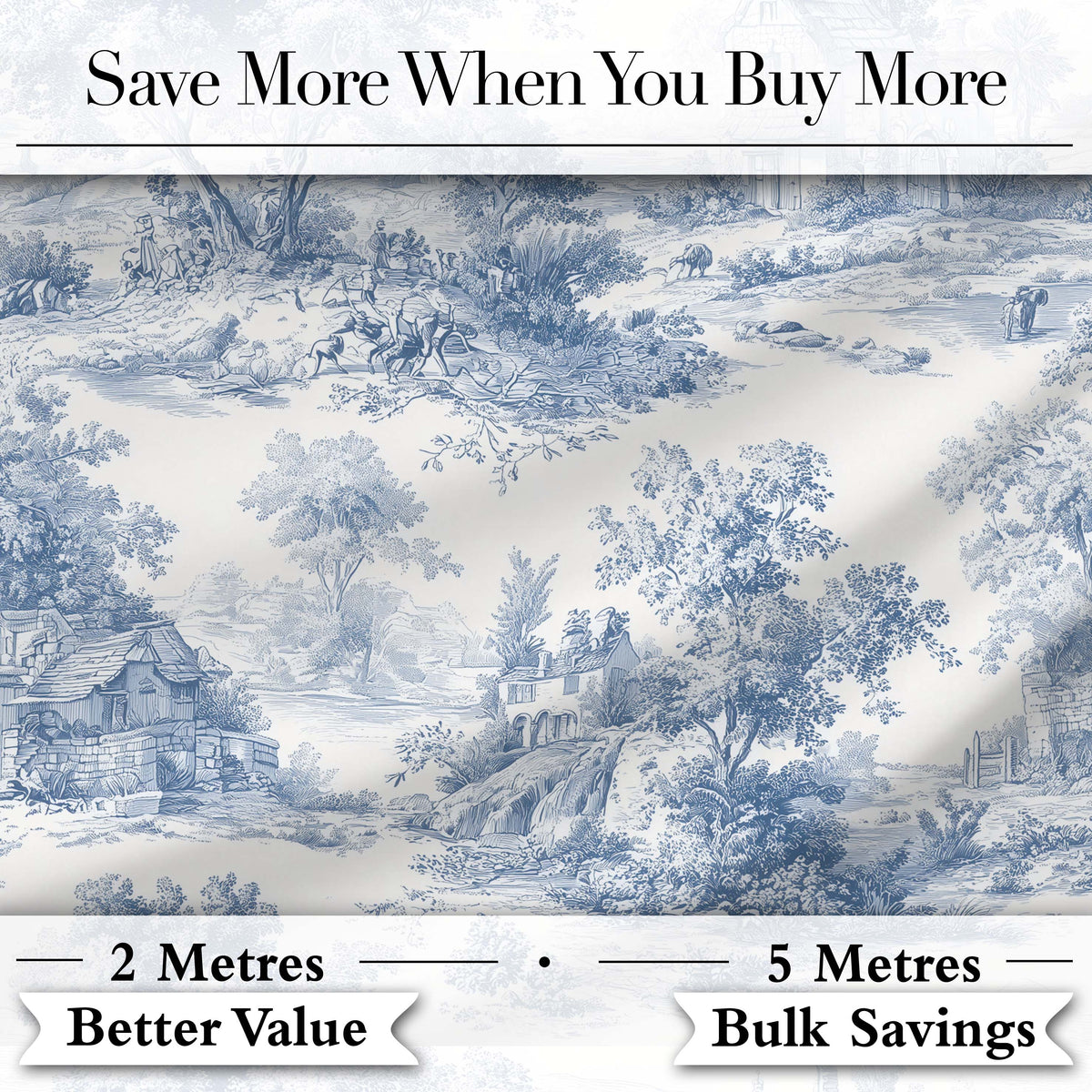 Vintage Toile Countryside Scenic Pattern Blue and White Seamless Digital Print Fabric by the Metre UK Sewing Quilting Textile