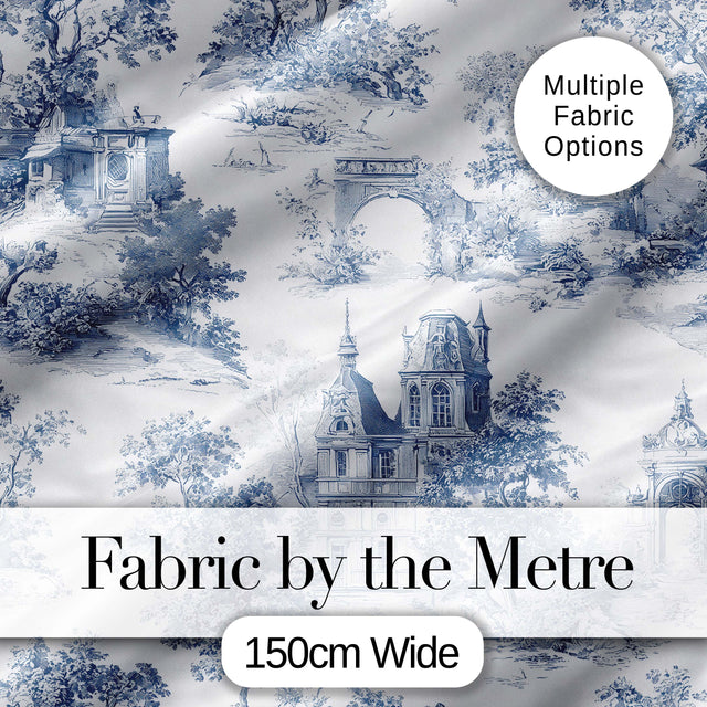 Vintage Toile Architectural Landscape Pattern Blue and White Seamless Digital Print Fabric by the Metre UK Sewing Quilting Textile