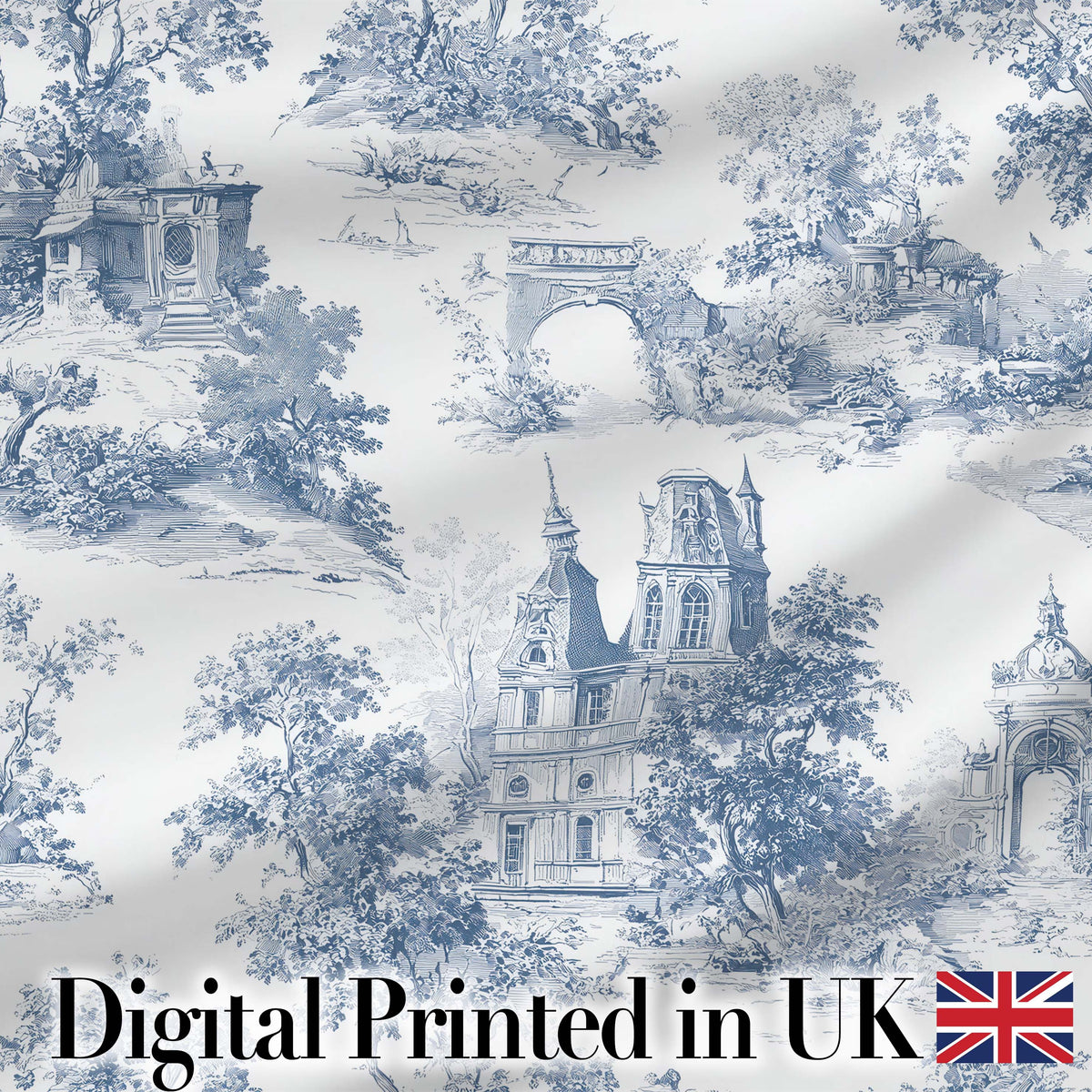 Vintage Toile Architectural Landscape Pattern Blue and White Seamless Digital Print Fabric by the Metre UK Sewing Quilting Textile