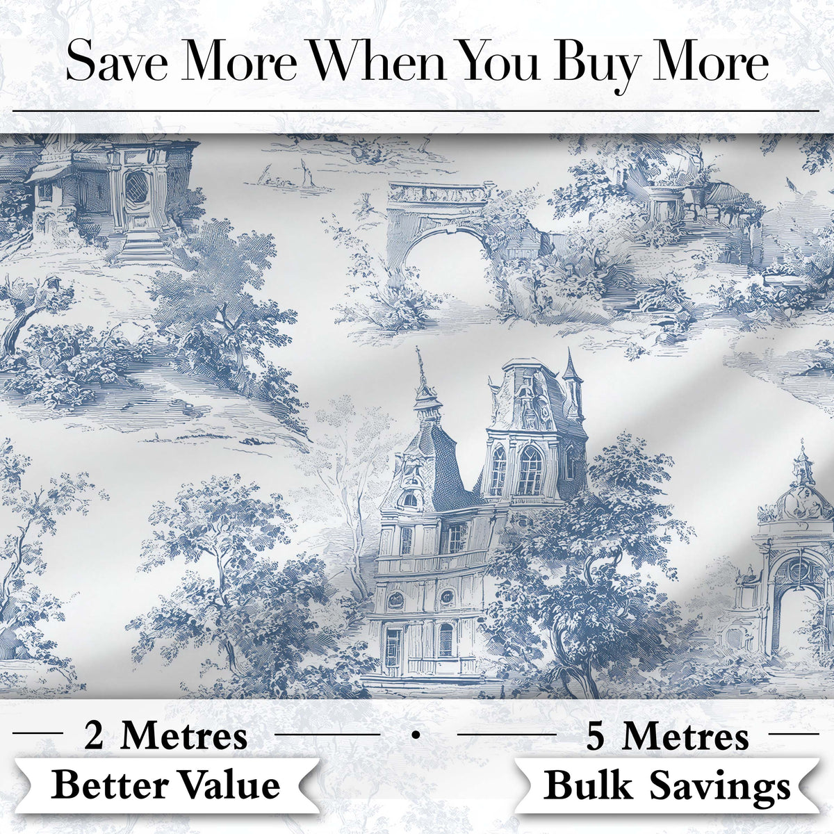 Vintage Toile Architectural Landscape Pattern Blue and White Seamless Digital Print Fabric by the Metre UK Sewing Quilting Textile