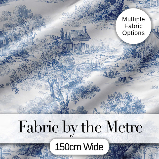 Vintage Toile Countryside Scenic Pattern Classic Blue and White Seamless Digital Print Fabric by the Metre UK Sewing Quilting Textile