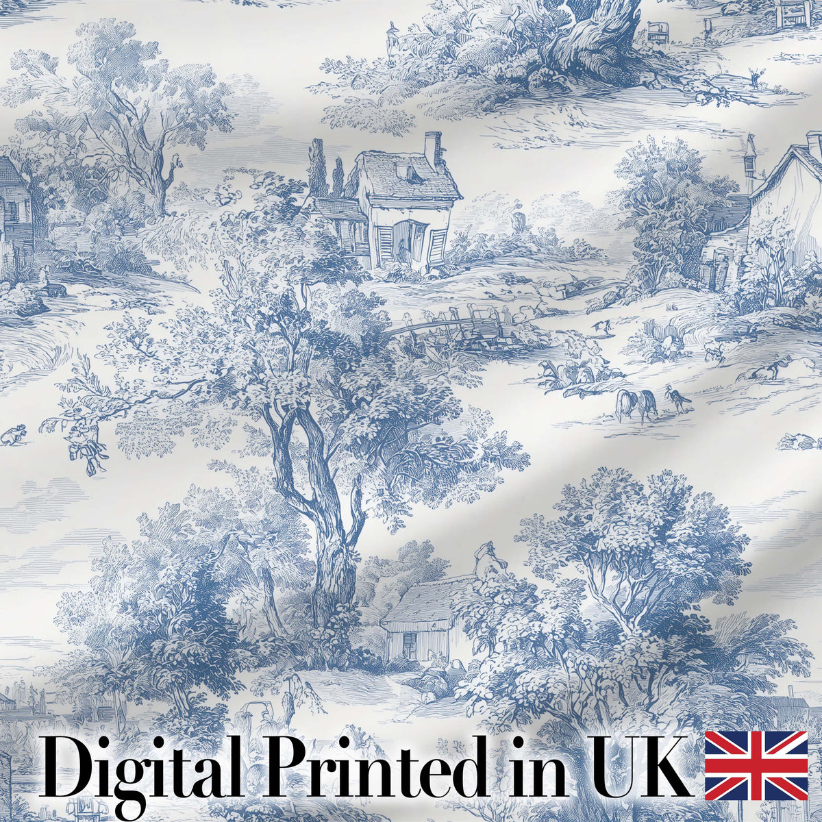 Vintage Toile Countryside Scenic Pattern Classic Blue and White Seamless Digital Print Fabric by the Metre UK Sewing Quilting Textile