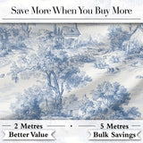 Vintage Toile Countryside Scenic Pattern Classic Blue and White Seamless Digital Print Fabric by the Metre UK Sewing Quilting Textile