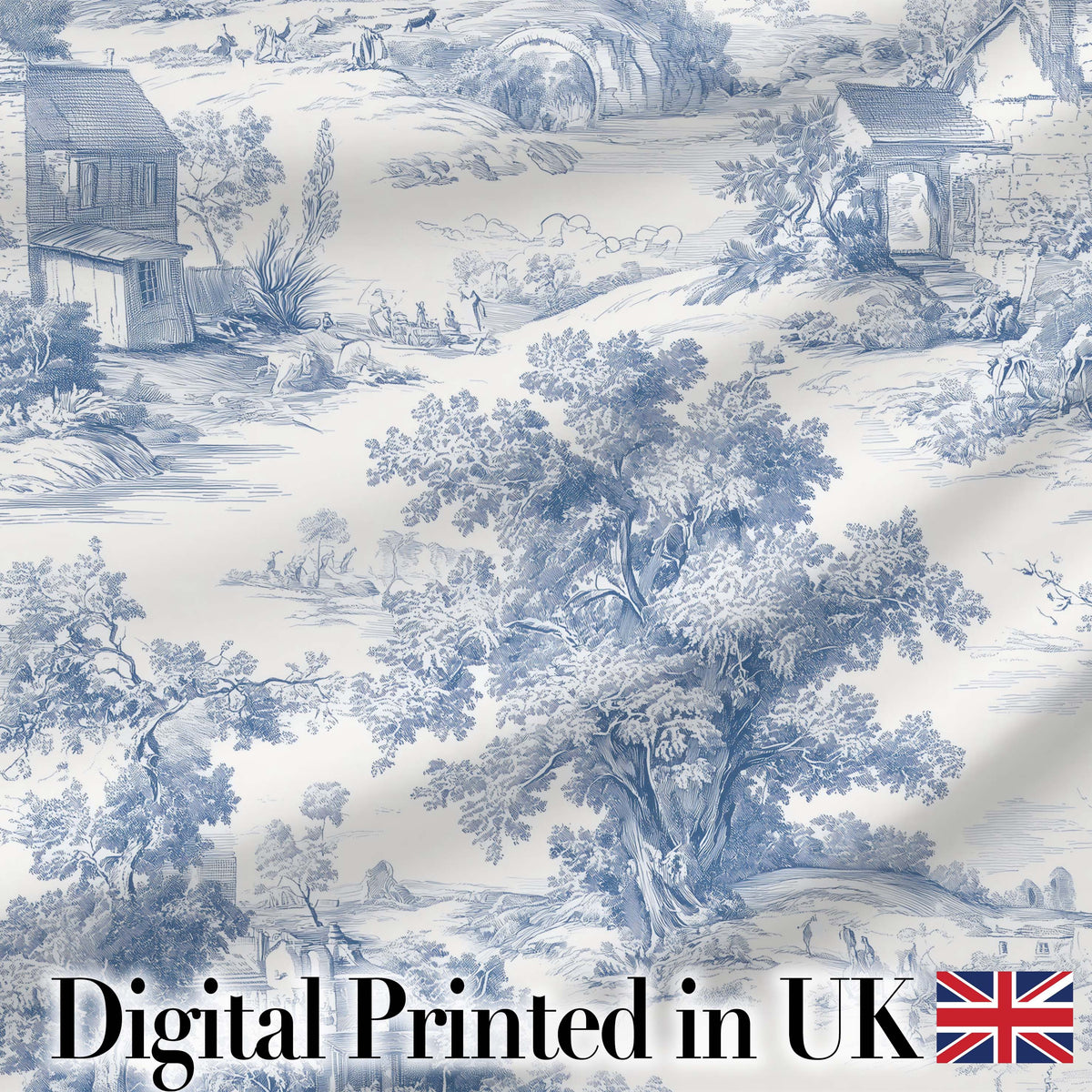 Vintage Toile Pastoral Landscape Pattern Detailed Blue and White Seamless Digital Print Fabric by the Metre UK Sewing Quilting Textile