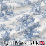 Vintage Toile Pastoral Landscape Pattern Detailed Blue and White Seamless Digital Print Fabric by the Metre UK Sewing Quilting Textile
