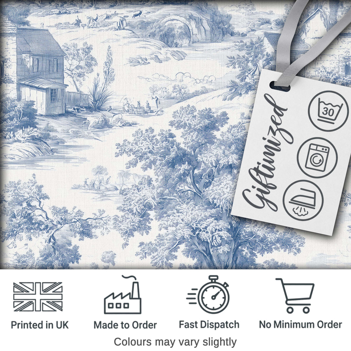 Vintage Toile Pastoral Landscape Pattern Detailed Blue and White Seamless Digital Print Fabric by the Metre UK Sewing Quilting Textile