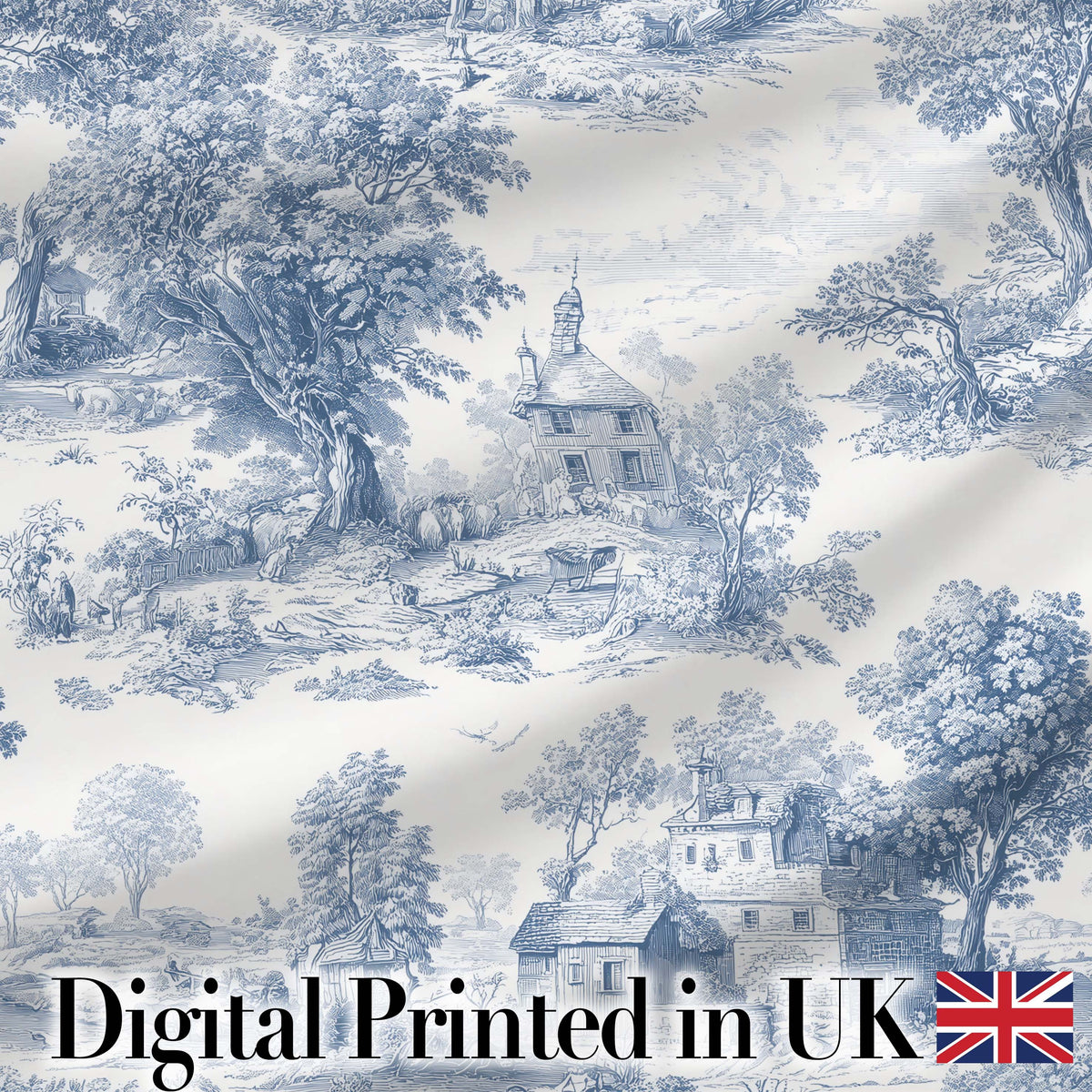 Vintage Toile Countryside Cottage Scene Blue White Seamless Pattern Digital Print Fabric by the Metre UK Sewing Quilting Textile