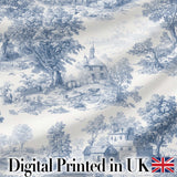 Vintage Toile Countryside Cottage Scene Blue White Seamless Pattern Digital Print Fabric by the Metre UK Sewing Quilting Textile