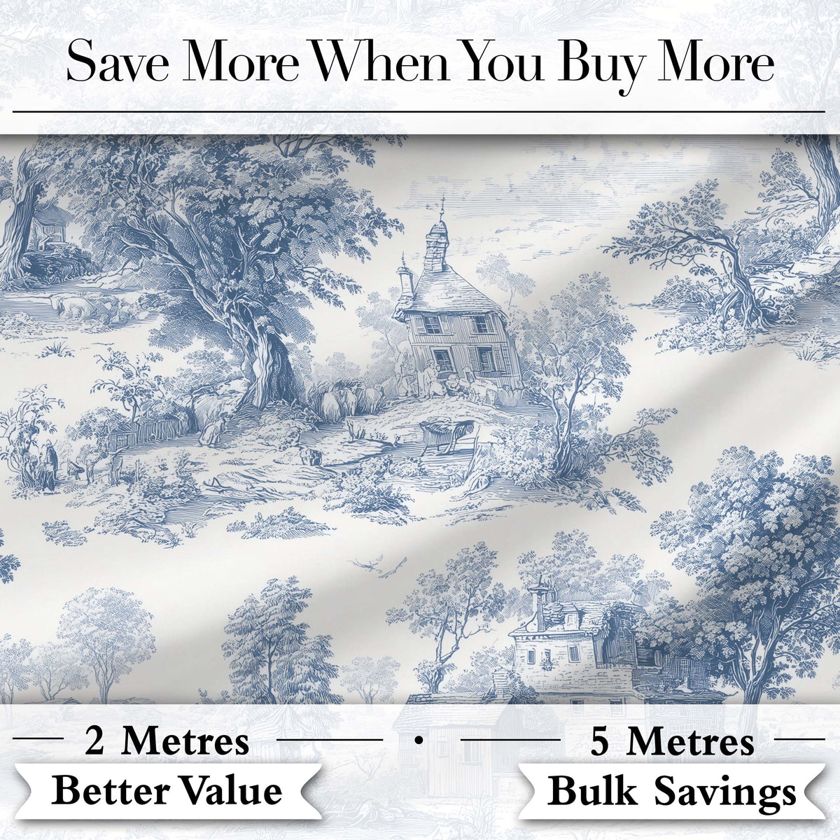 Vintage Toile Countryside Cottage Scene Blue White Seamless Pattern Digital Print Fabric by the Metre UK Sewing Quilting Textile