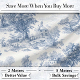 Vintage Toile Countryside Cottage Scene Blue White Seamless Pattern Digital Print Fabric by the Metre UK Sewing Quilting Textile