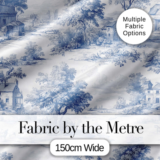Vintage Toile Rural Landscape Farm Scene Blue White Seamless Pattern Digital Print Fabric by the Metre UK Sewing Quilting Textile