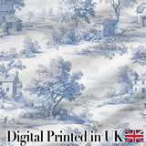 Vintage Toile Rural Landscape Farm Scene Blue White Seamless Pattern Digital Print Fabric by the Metre UK Sewing Quilting Textile