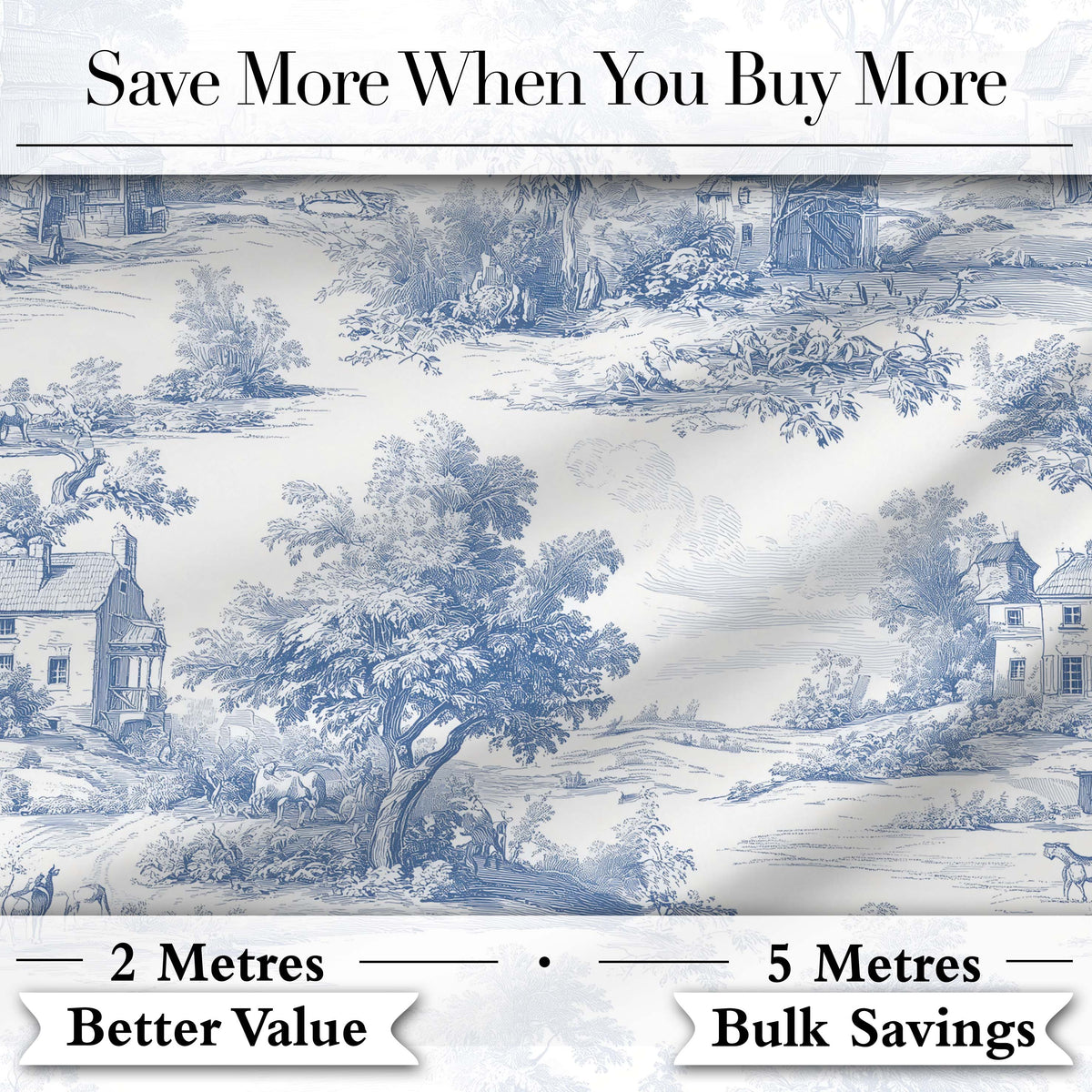 Vintage Toile Rural Landscape Farm Scene Blue White Seamless Pattern Digital Print Fabric by the Metre UK Sewing Quilting Textile