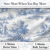 Vintage Toile Rural Landscape Farm Scene Blue White Seamless Pattern Digital Print Fabric by the Metre UK Sewing Quilting Textile