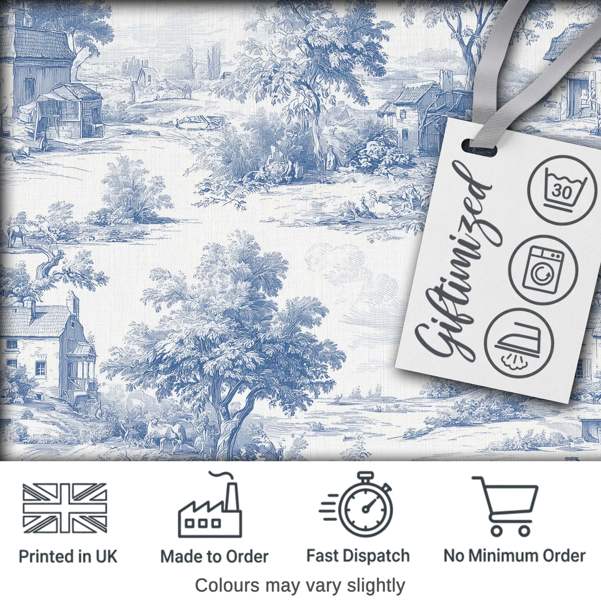 Vintage Toile Rural Landscape Farm Scene Blue White Seamless Pattern Digital Print Fabric by the Metre UK Sewing Quilting Textile
