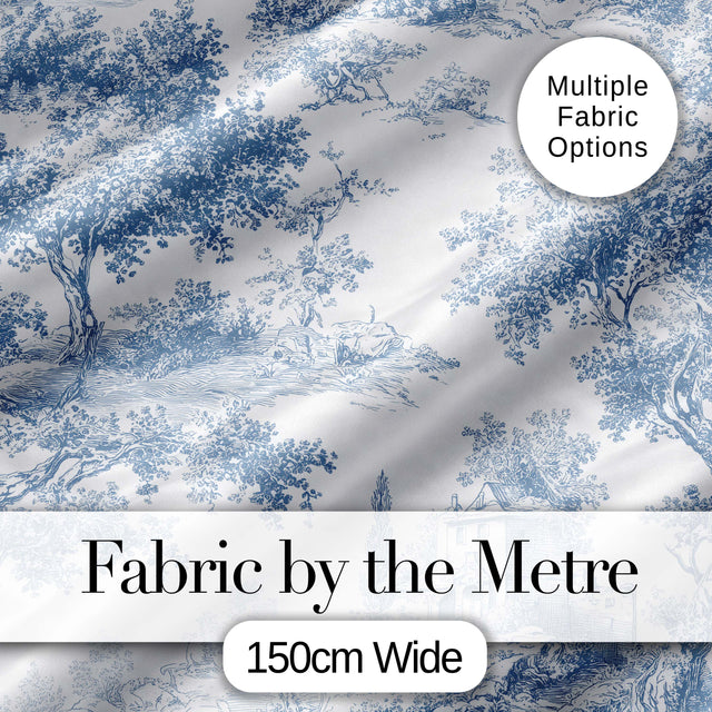 Vintage Toile Scenic Countryside Trees Village Blue White Seamless Pattern Digital Print Fabric by the Metre UK Sewing Quilting Textile