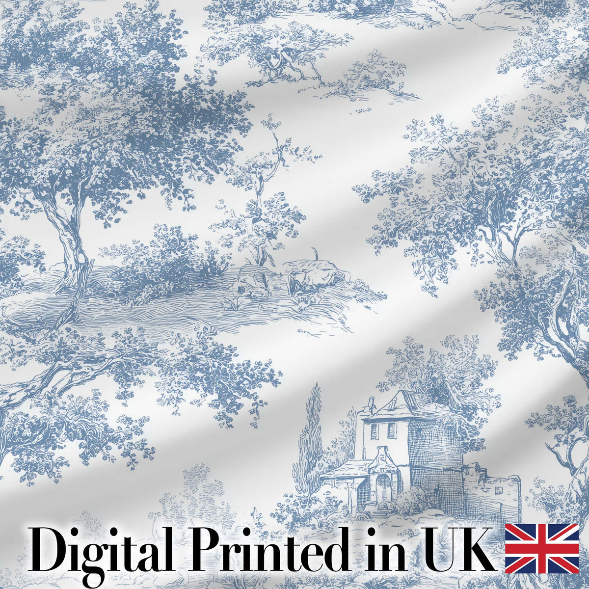 Vintage Toile Scenic Countryside Trees Village Blue White Seamless Pattern Digital Print Fabric by the Metre UK Sewing Quilting Textile