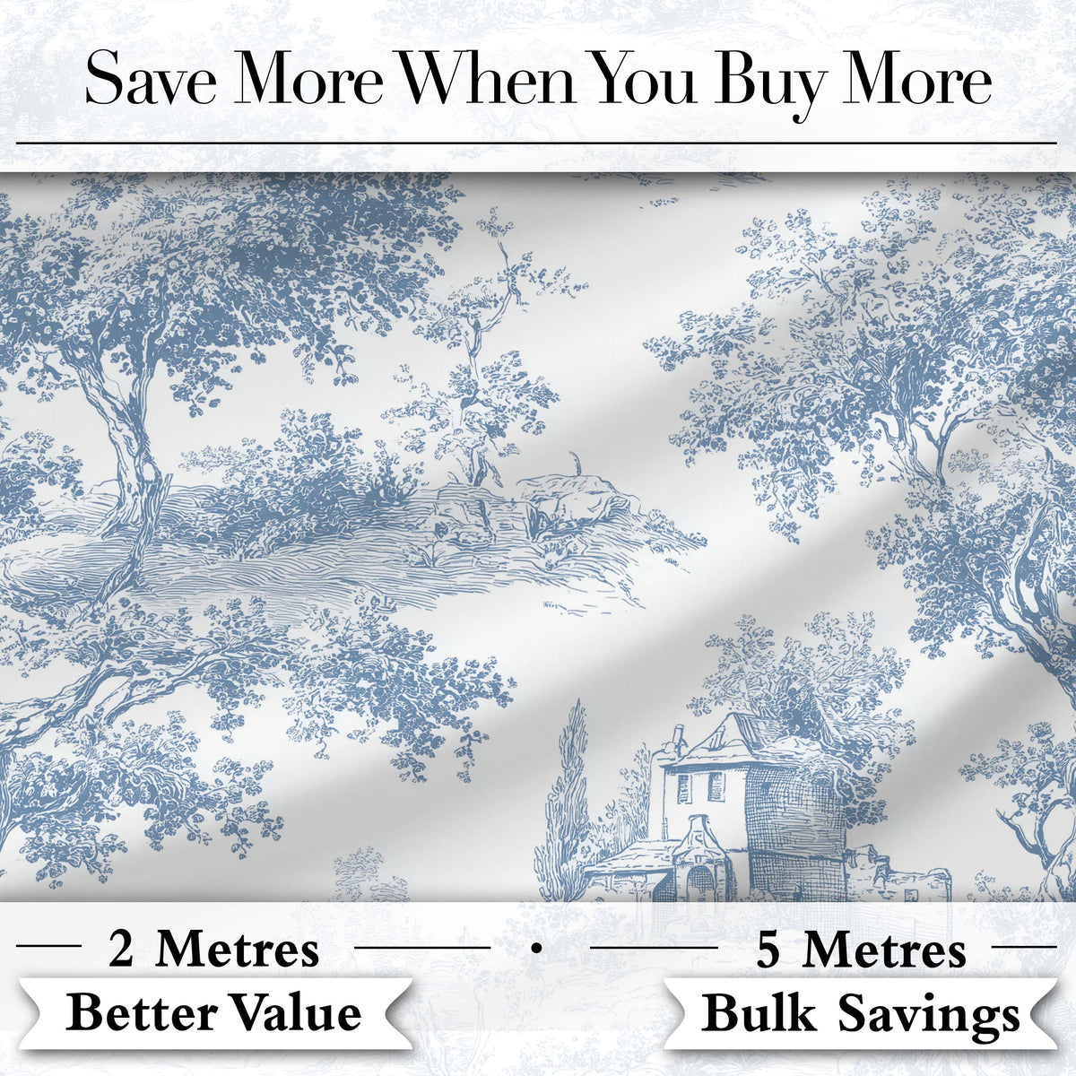 Vintage Toile Scenic Countryside Trees Village Blue White Seamless Pattern Digital Print Fabric by the Metre UK Sewing Quilting Textile