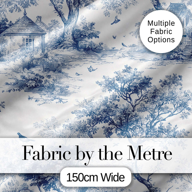 Vintage Toile Birds Nature Countryside Scene Blue White Seamless Pattern Digital Print Fabric by the Metre UK Sewing Quilting Textile