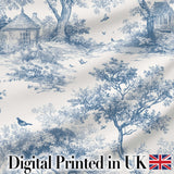 Vintage Toile Birds Nature Countryside Scene Blue White Seamless Pattern Digital Print Fabric by the Metre UK Sewing Quilting Textile