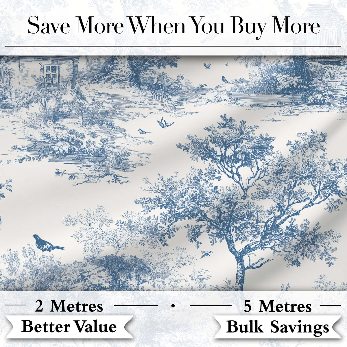 Vintage Toile Birds Nature Countryside Scene Blue White Seamless Pattern Digital Print Fabric by the Metre UK Sewing Quilting Textile