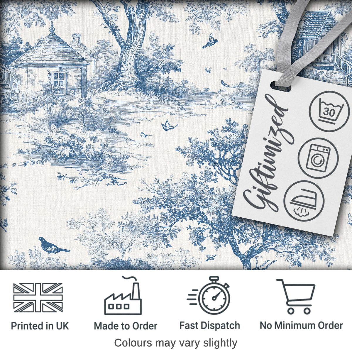 Vintage Toile Birds Nature Countryside Scene Blue White Seamless Pattern Digital Print Fabric by the Metre UK Sewing Quilting Textile