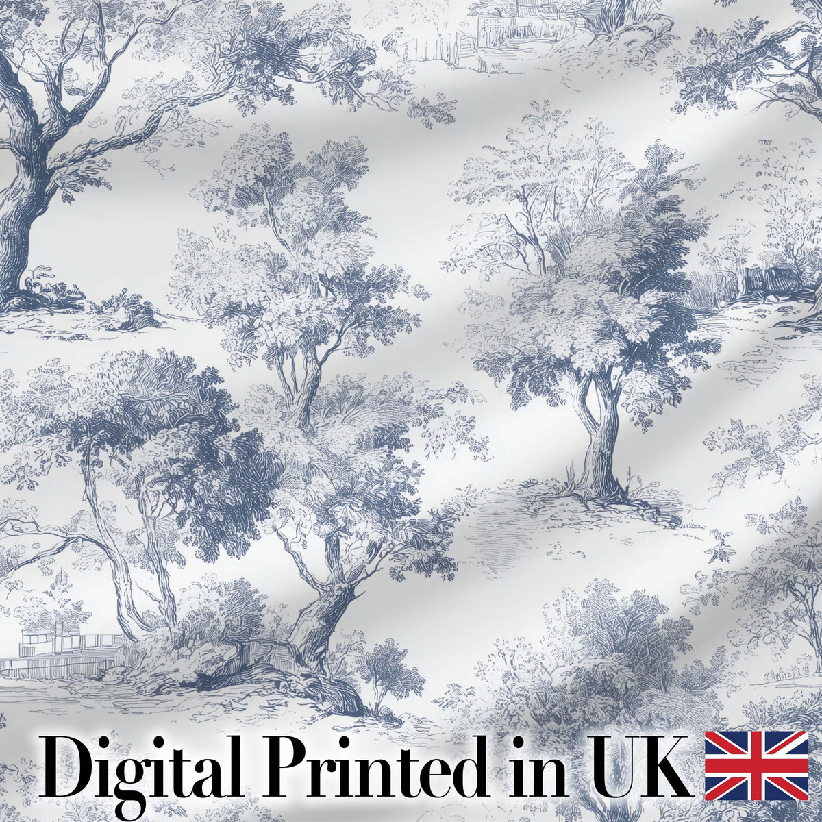 Vintage Toile Pastoral Countryside Village Scene Blue White Seamless Pattern Digital Print Fabric by the Metre UK Sewing Quilting Textile