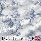 Vintage Toile Pastoral Countryside Village Scene Blue White Seamless Pattern Digital Print Fabric by the Metre UK Sewing Quilting Textile
