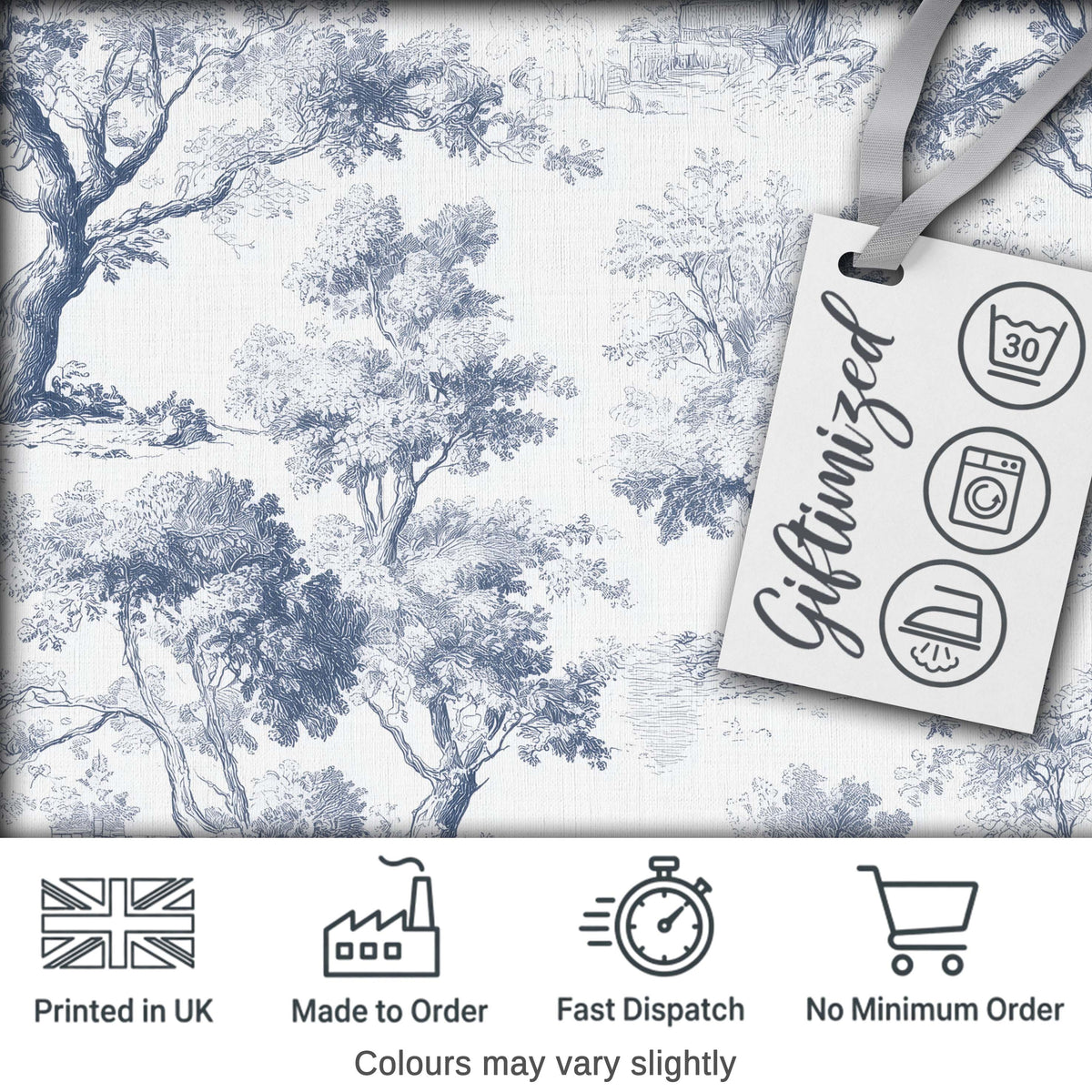 Vintage Toile Pastoral Countryside Village Scene Blue White Seamless Pattern Digital Print Fabric by the Metre UK Sewing Quilting Textile