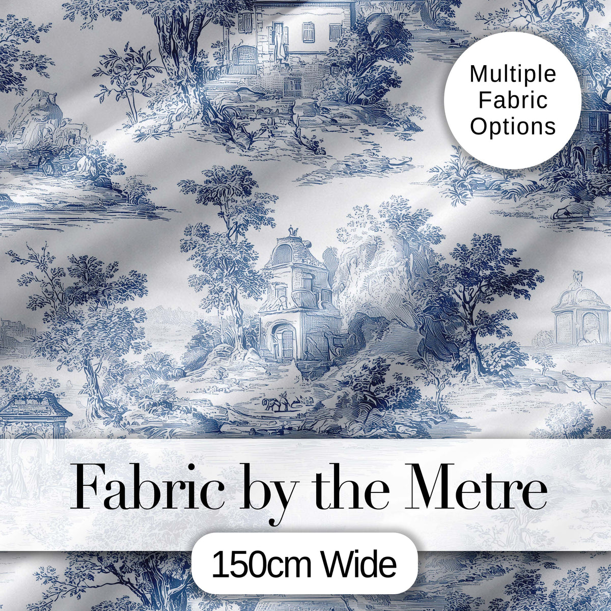 Vintage Toile Classic Village Scenic Landscape Blue White Seamless Pattern Digital Print Fabric by the Metre UK Sewing Quilting Textile