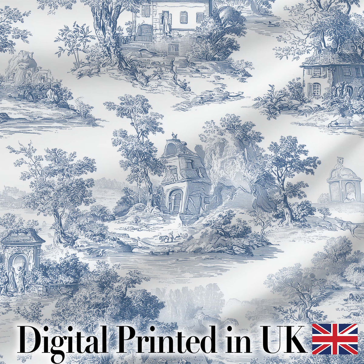 Vintage Toile Classic Village Scenic Landscape Blue White Seamless Pattern Digital Print Fabric by the Metre UK Sewing Quilting Textile
