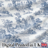 Vintage Toile Classic Village Scenic Landscape Blue White Seamless Pattern Digital Print Fabric by the Metre UK Sewing Quilting Textile