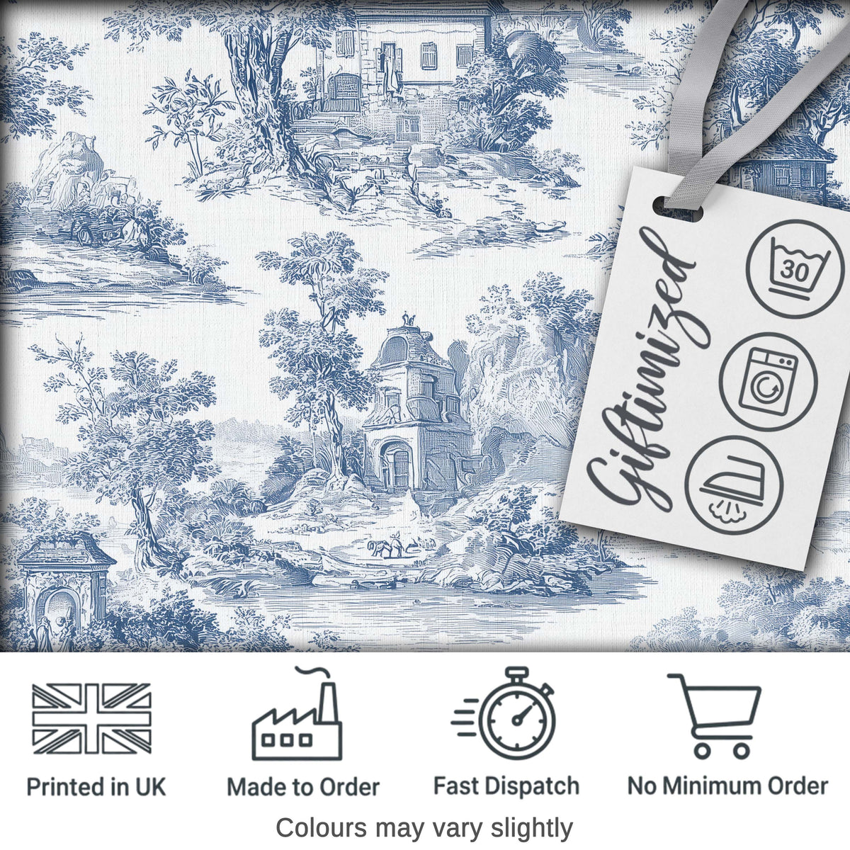 Vintage Toile Classic Village Scenic Landscape Blue White Seamless Pattern Digital Print Fabric by the Metre UK Sewing Quilting Textile