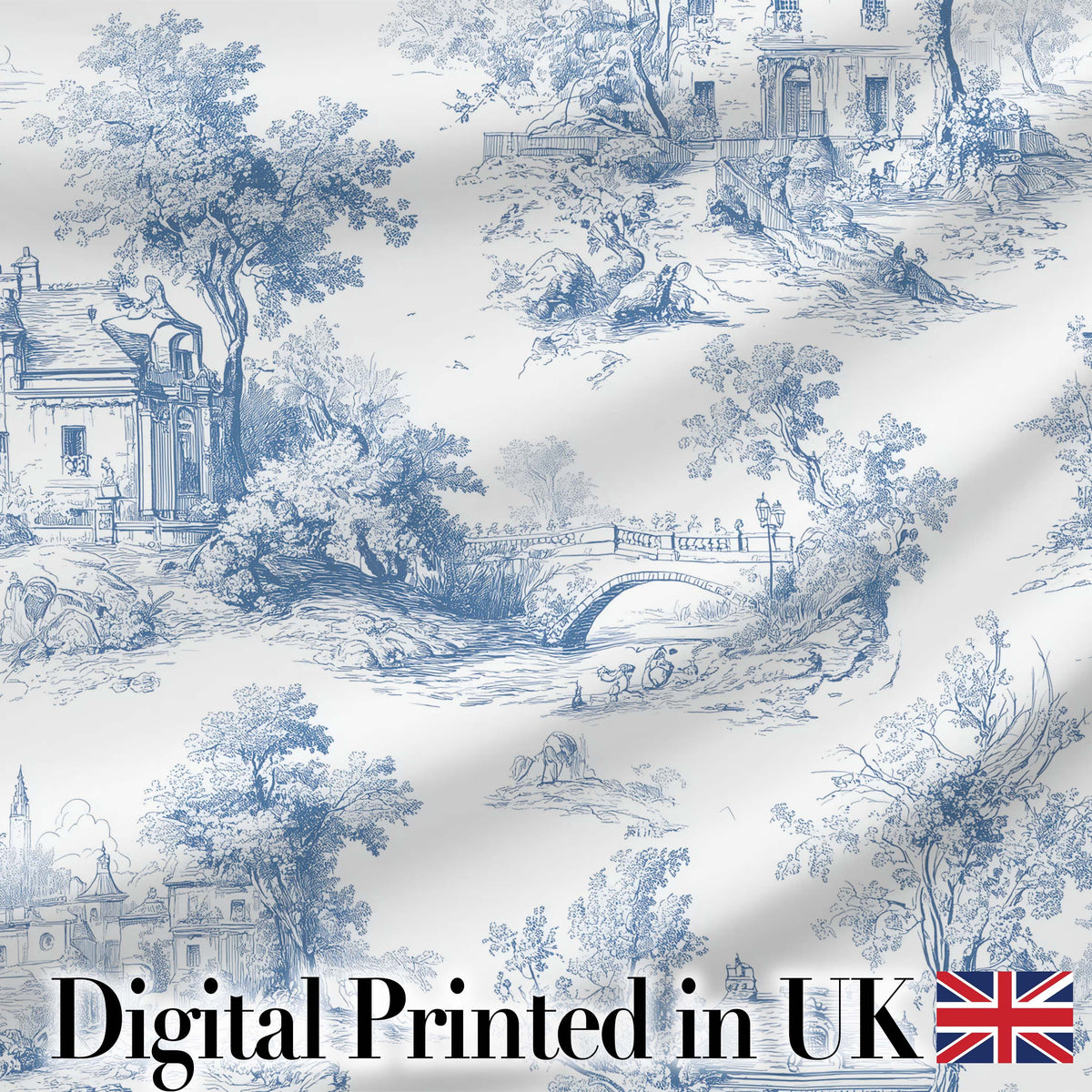 Vintage Toile Elegant Garden Bridge Scene Blue White Seamless Pattern Digital Print Fabric by the Metre UK Sewing Quilting Textile