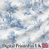 Vintage Toile Elegant Garden Bridge Scene Blue White Seamless Pattern Digital Print Fabric by the Metre UK Sewing Quilting Textile
