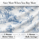 Vintage Toile Elegant Garden Bridge Scene Blue White Seamless Pattern Digital Print Fabric by the Metre UK Sewing Quilting Textile