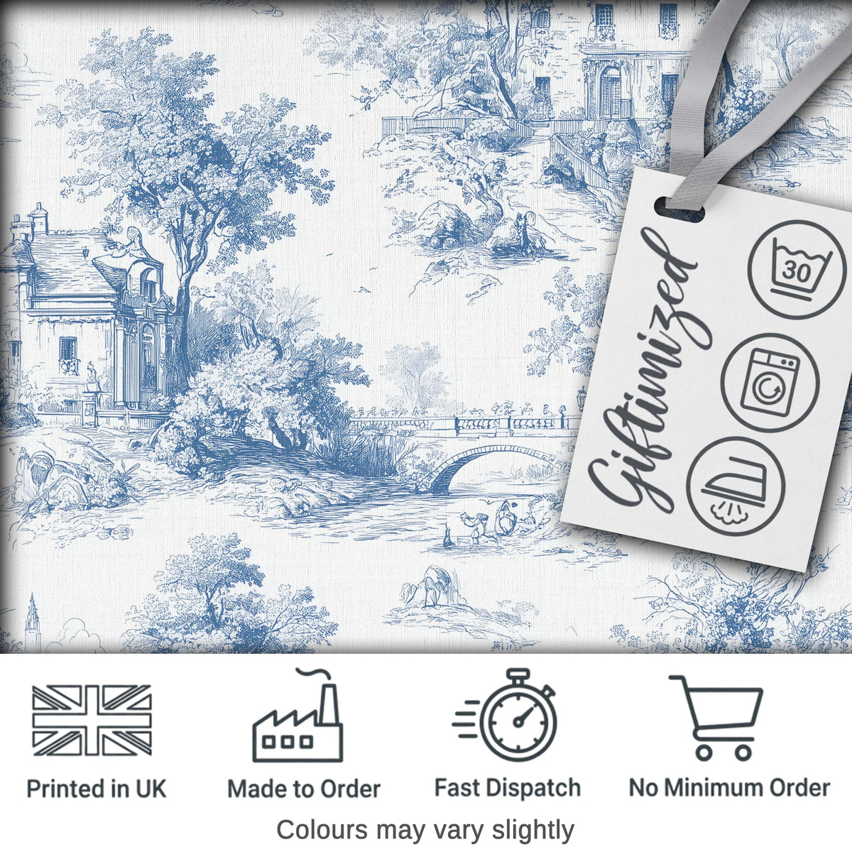 Vintage Toile Elegant Garden Bridge Scene Blue White Seamless Pattern Digital Print Fabric by the Metre UK Sewing Quilting Textile