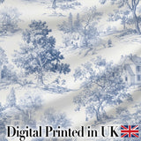 Vintage Toile Rustic Countryside Cottage Scene Blue White Seamless Pattern Digital Print Fabric by the Metre UK Sewing Quilting Textile