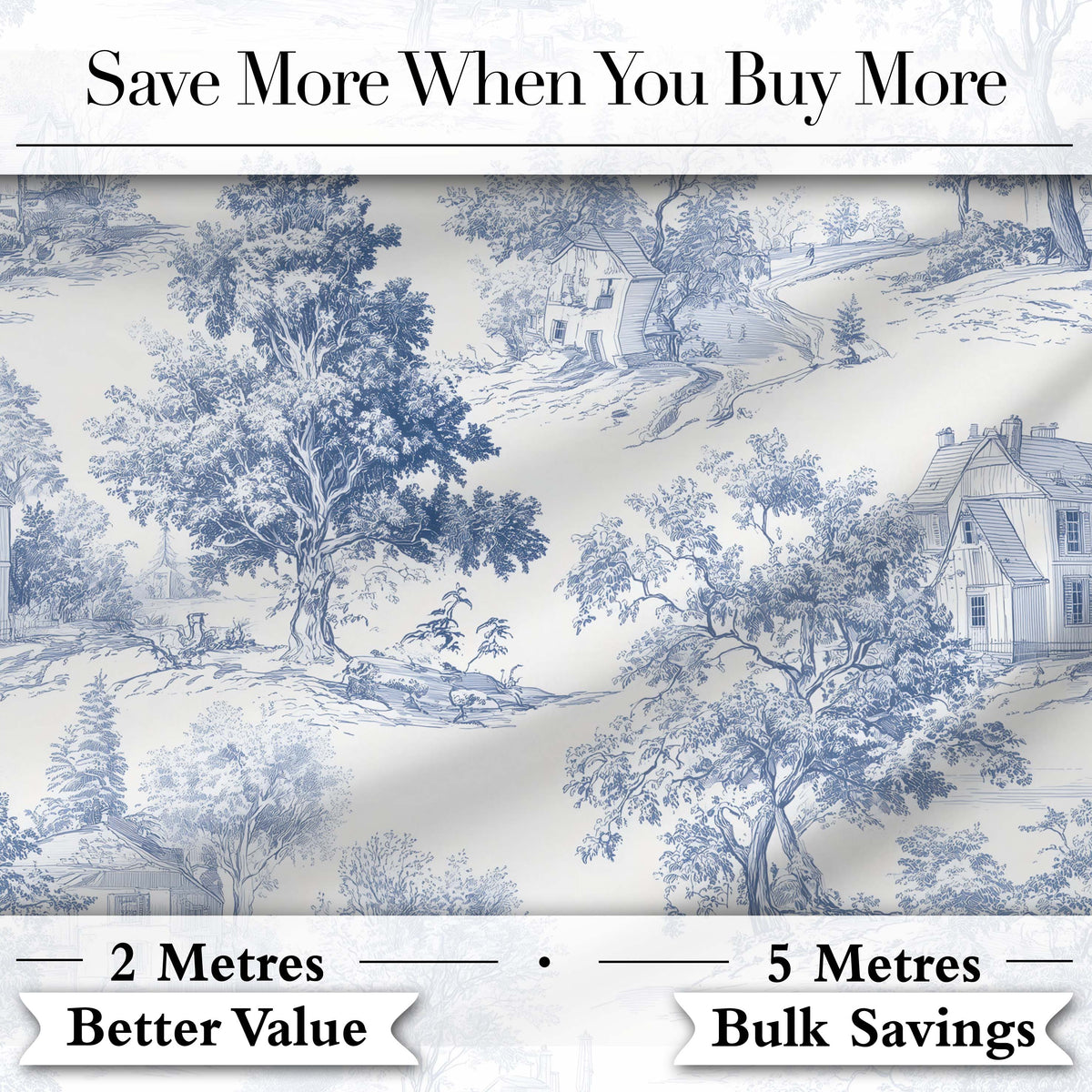 Vintage Toile Rustic Countryside Cottage Scene Blue White Seamless Pattern Digital Print Fabric by the Metre UK Sewing Quilting Textile