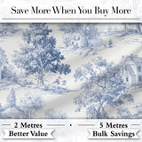 Vintage Toile Rustic Countryside Cottage Scene Blue White Seamless Pattern Digital Print Fabric by the Metre UK Sewing Quilting Textile
