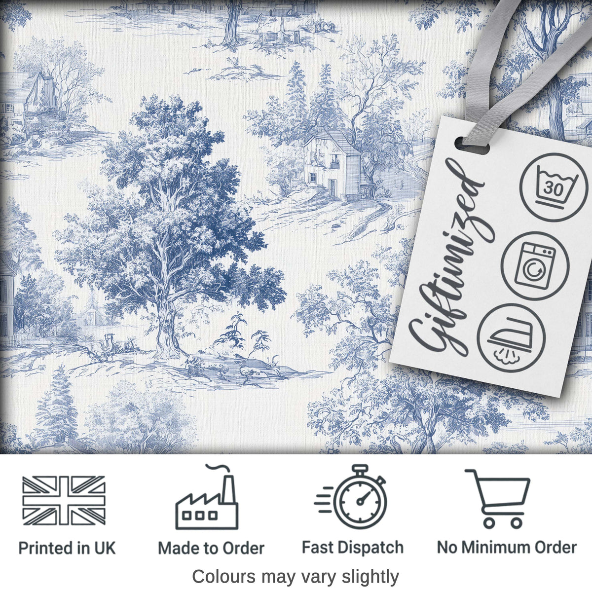 Vintage Toile Rustic Countryside Cottage Scene Blue White Seamless Pattern Digital Print Fabric by the Metre UK Sewing Quilting Textile
