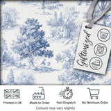 Vintage Toile Rustic Countryside Cottage Scene Blue White Seamless Pattern Digital Print Fabric by the Metre UK Sewing Quilting Textile