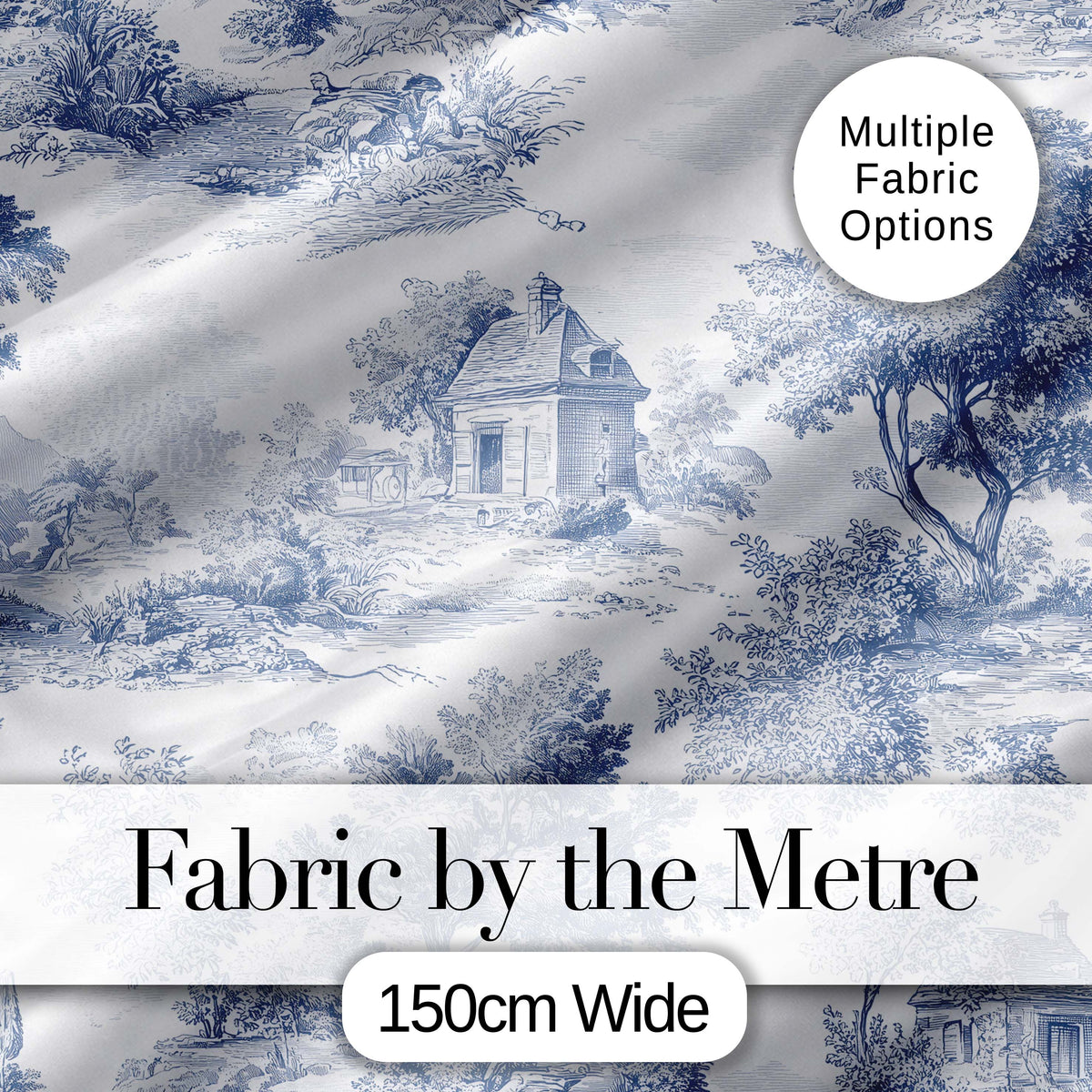 Vintage Toile Country House Landscape Scene Blue White Seamless Pattern Digital Print Fabric by the Metre UK Sewing Quilting Textile
