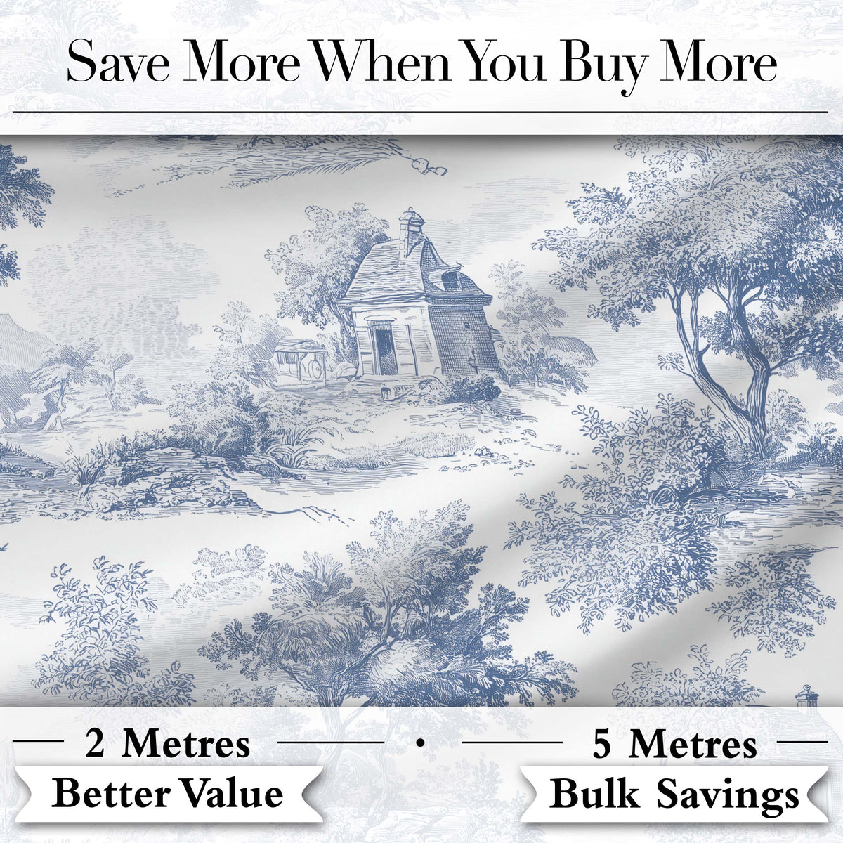 Vintage Toile Country House Landscape Scene Blue White Seamless Pattern Digital Print Fabric by the Metre UK Sewing Quilting Textile