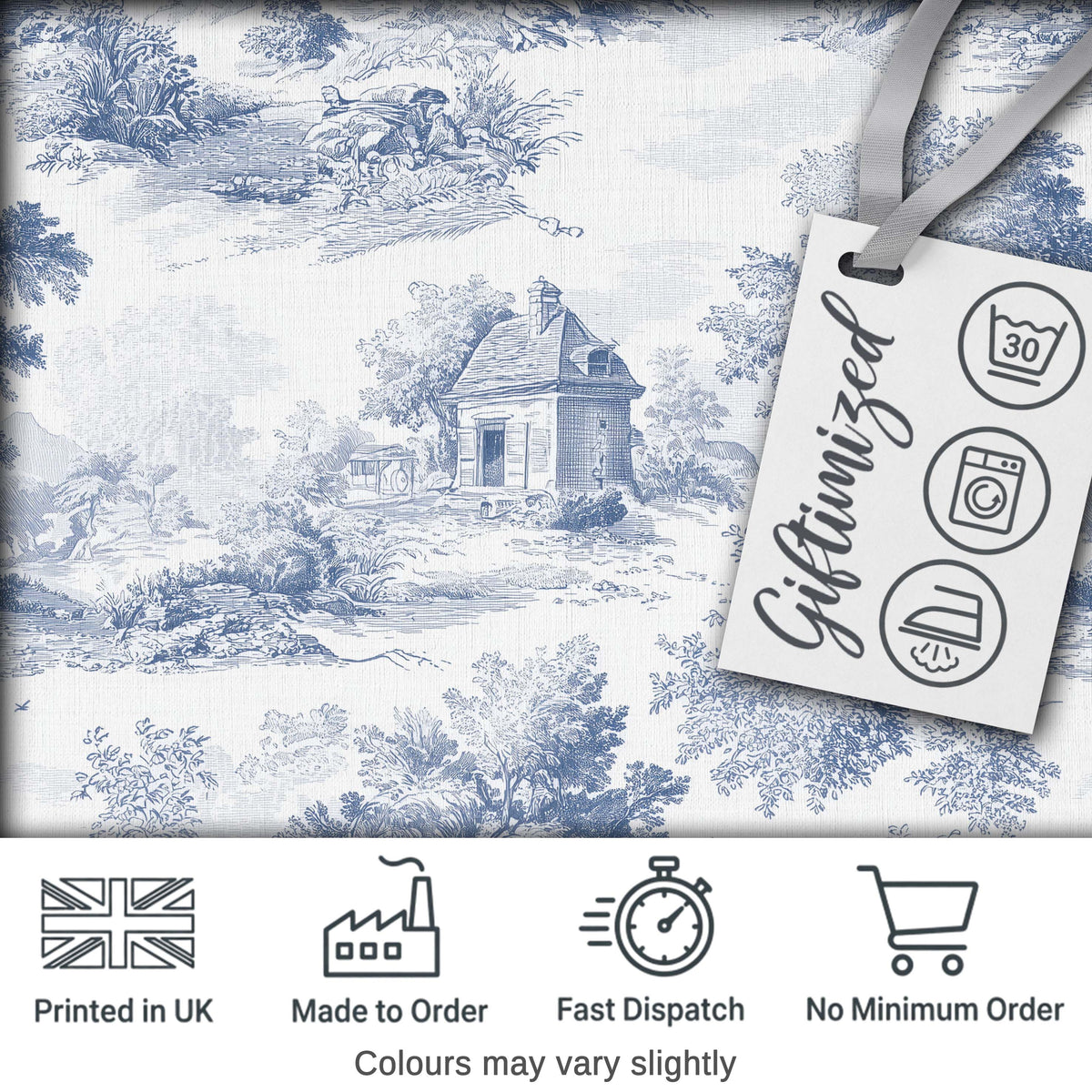 Vintage Toile Country House Landscape Scene Blue White Seamless Pattern Digital Print Fabric by the Metre UK Sewing Quilting Textile