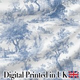 Vintage Toile Scenic Rural Village Landscape Blue White Seamless Pattern Digital Print Fabric by the Metre UK Sewing Quilting Textile