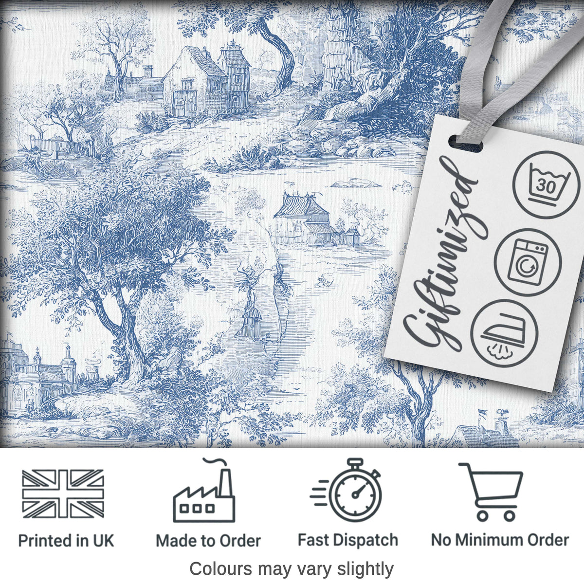 Vintage Toile Scenic Rural Village Landscape Blue White Seamless Pattern Digital Print Fabric by the Metre UK Sewing Quilting Textile
