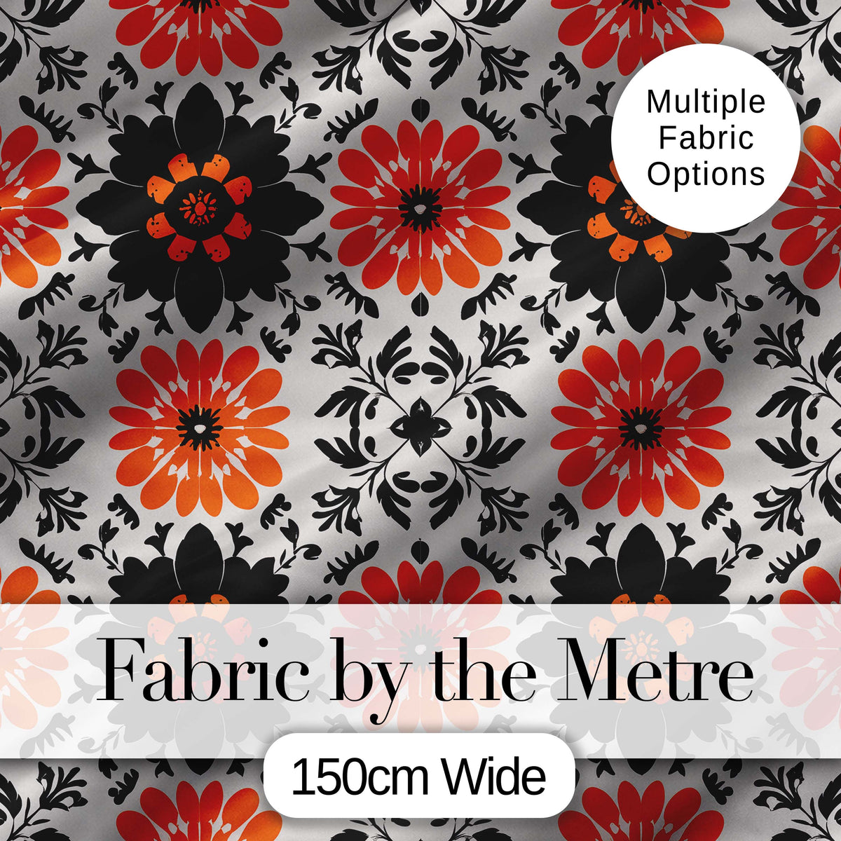 Bold Orange Black Floral Folk Art Seamless Pattern Digital Print Fabric by the Metre UK Sewing Quilting Textile