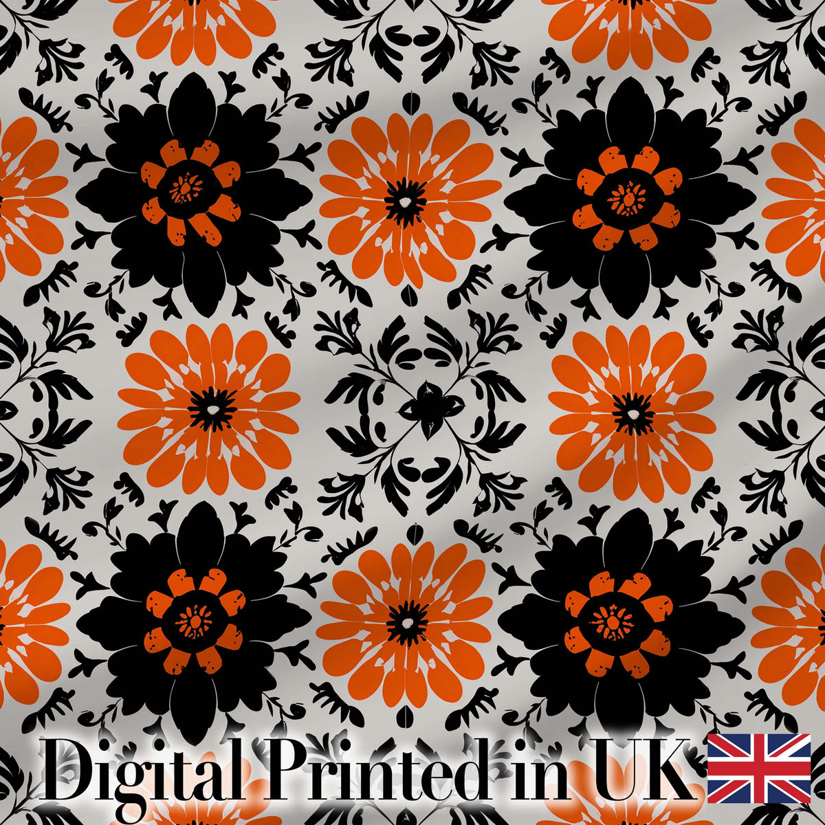 Bold Orange Black Floral Folk Art Seamless Pattern Digital Print Fabric by the Metre UK Sewing Quilting Textile